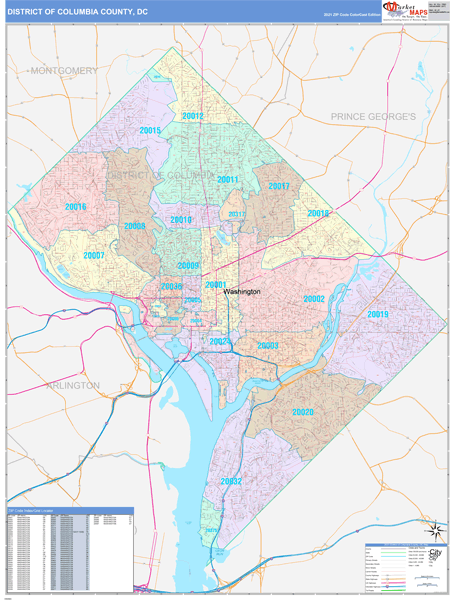 District of Columbia County, DC Wall Map Color Cast Style